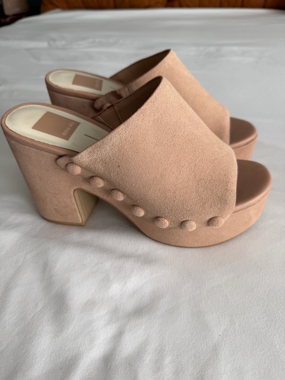Dolce Vita "Emol" Blush Pink Tan Suede Platform Clog Mules Open Toe Sandal 70s - Picture 2 of 16